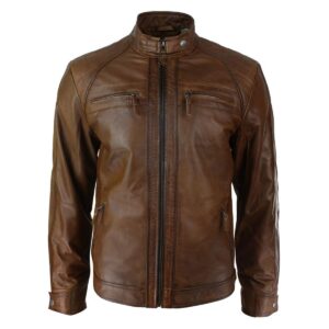 Mens Cocoa Brown Leather Biker Jacket - Cinnamon