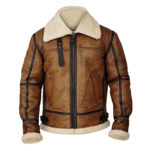 Mens B3 Bomber Textured Brown Shearling Leather Jacket